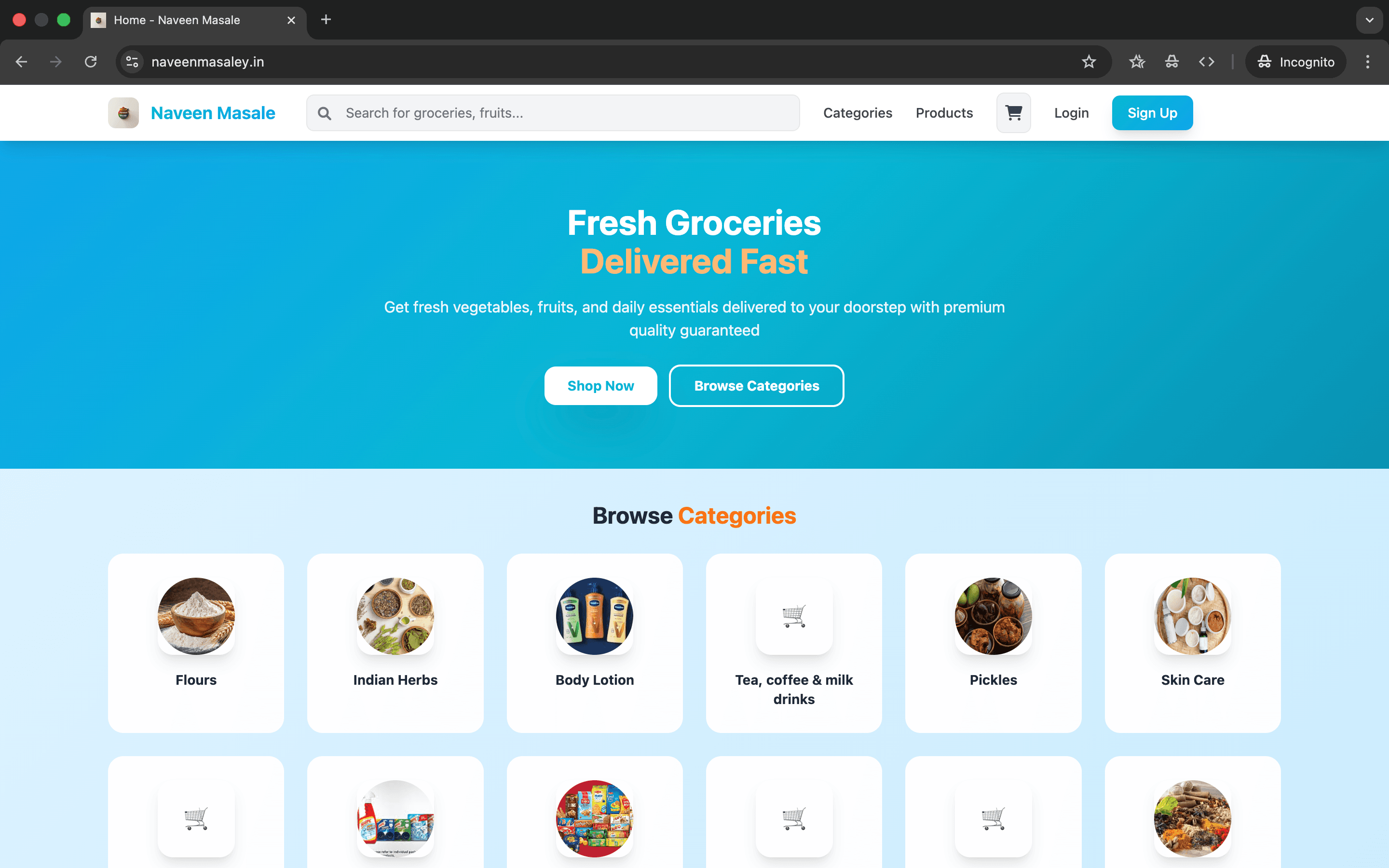Naveen Masale E-commerce Website - Custom Web project showcasing A custom-built e-commerce website designed for a m